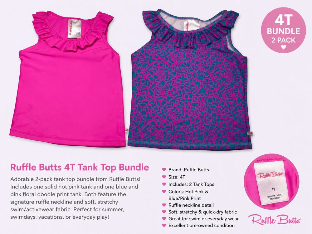 RuffleButts 4T Girls Active Ruffle Tank Top / Swim Top 2-pack bundle